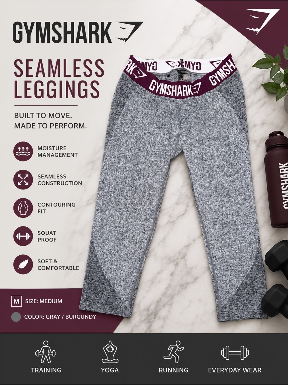 Gymshark Women’s Medium Seamless Ombre Leggings Gray Burgundy Logo Waist